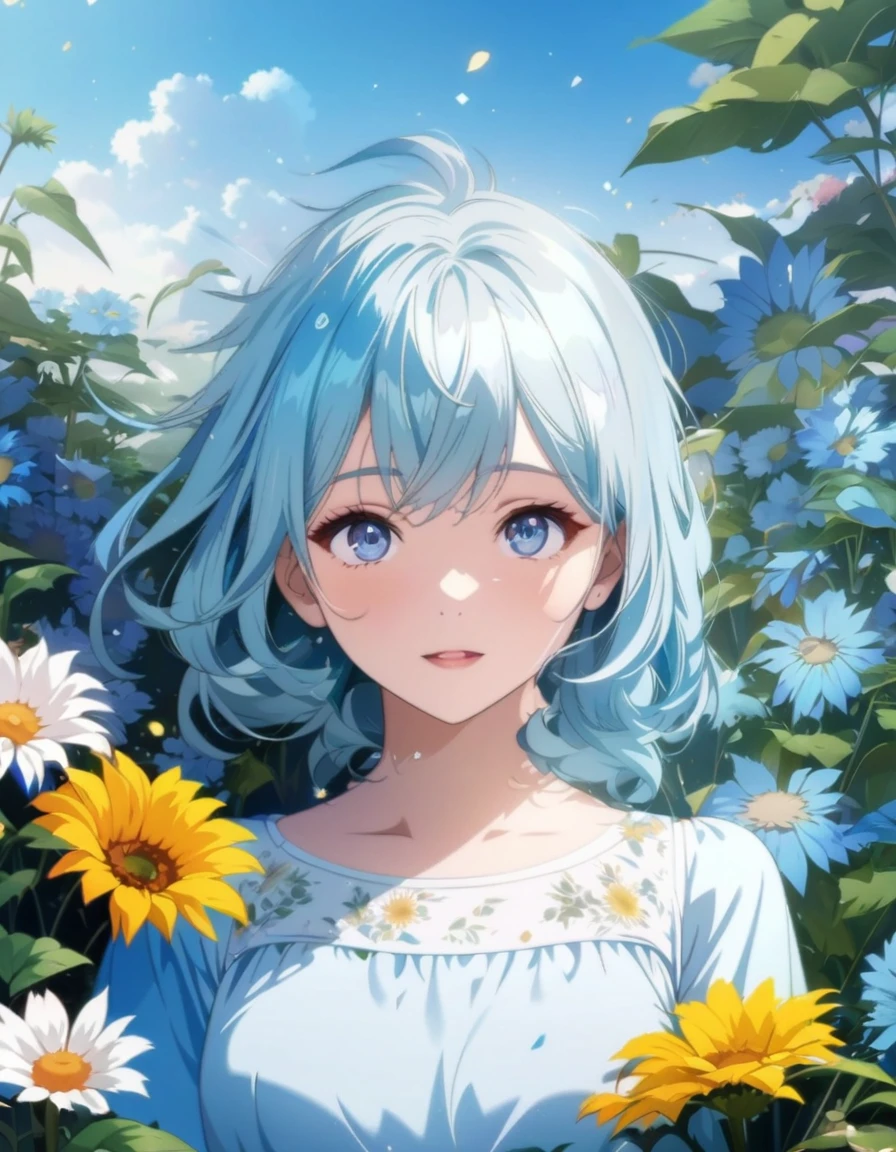 Anime girl with blue hair and blue eyes standing in a flower field, Beautiful sunflower anime girl, Anime Style 4k, detailed Digital anime art, Beautiful anime portraits, Digital anime art, digital Anime illustration, Beautiful anime art style, Anime style digital art, anime art wallpaper 4k, anime art wallpaper 4k, Anime illustration, High quality anime art style
