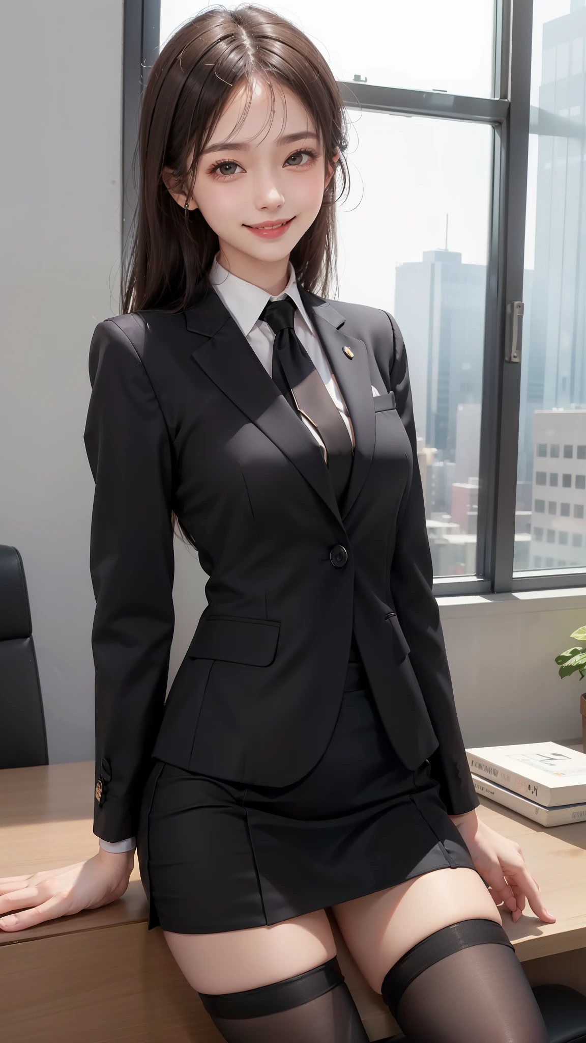 Best image quality、Ultra-high resolution、One Girl、Beautiful expression、(Black business suit,Tight Skirt,Black tights),office,smile