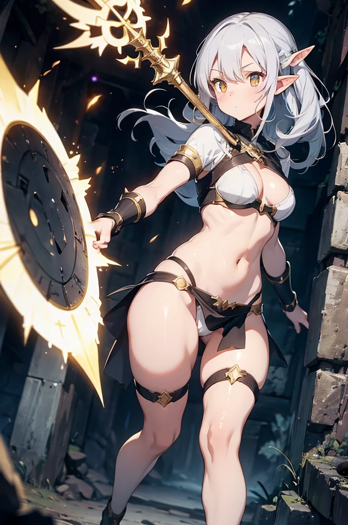 1 woman , elf, white skin, silver hair, glowing golden eyes, muscule body, full body armor, full body, dungeon background, closed body by armor, hold a spear and shield