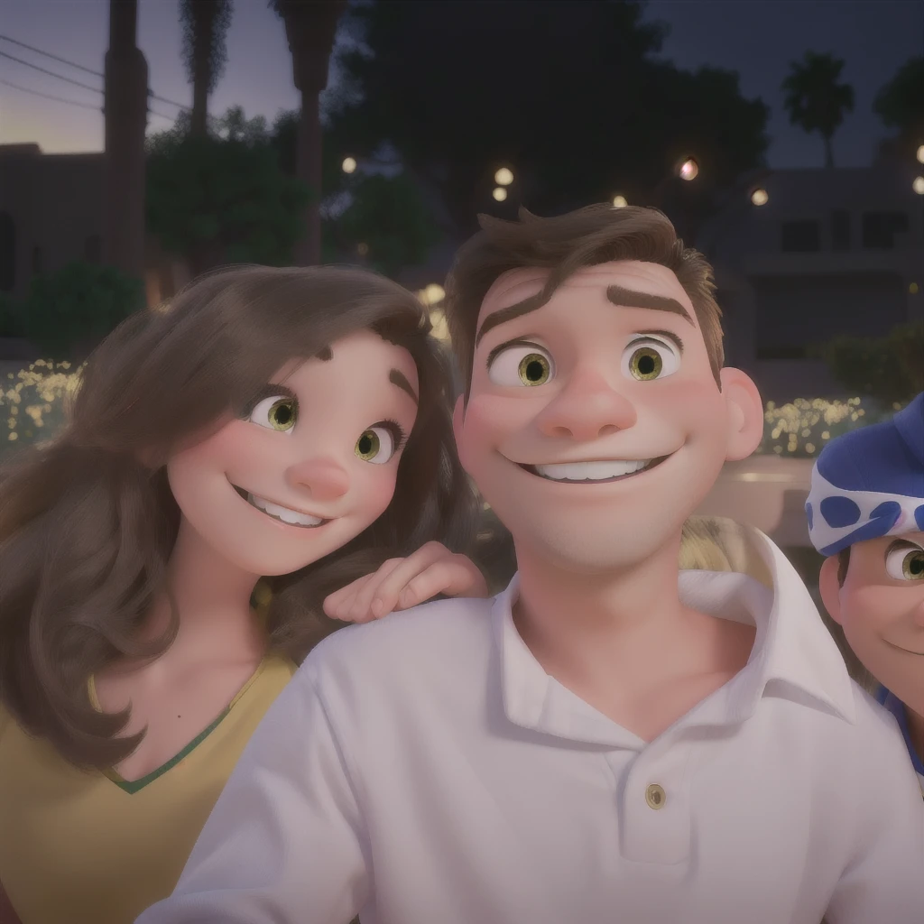 Generate an image of the smiling couple in the Disney Pixar cartoon style