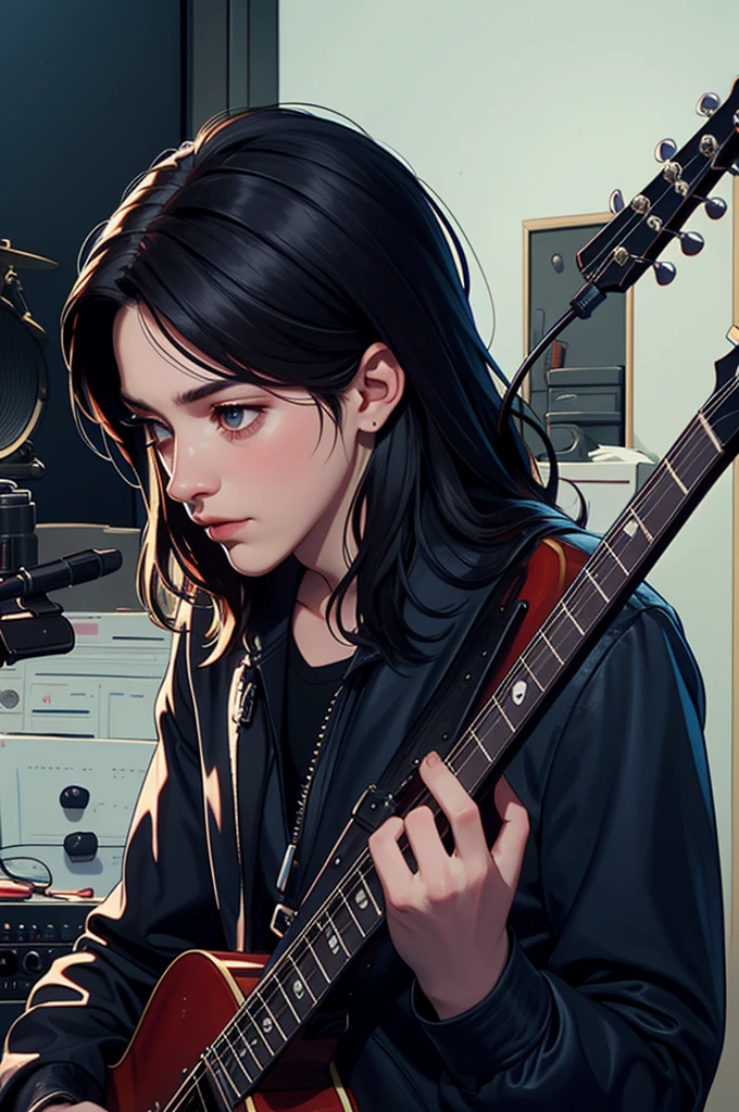 ((best quality)), ((masterpiece)), (detailed), Wallpaper, 1920x1080 HD, 8k, cinematic, A man is in the music studio, after battle, courage and bravery, musician live