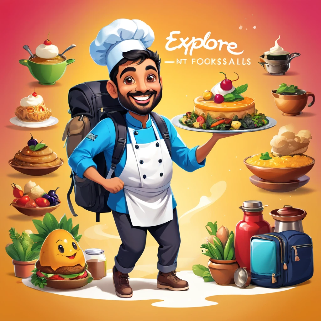 A vibrant and creative logo for "Explore M with Nitin," featuring Nitin, a food enthusiast, and his trusty backpack. Nitin is portrayed as a friendly, animated character with a big smile and a chef's hat. His backpack is filled with a variety of exotic and delicious-looking foods. The overall design is energetic and inviting, with a sense of adventure and delightful culinary experiences.