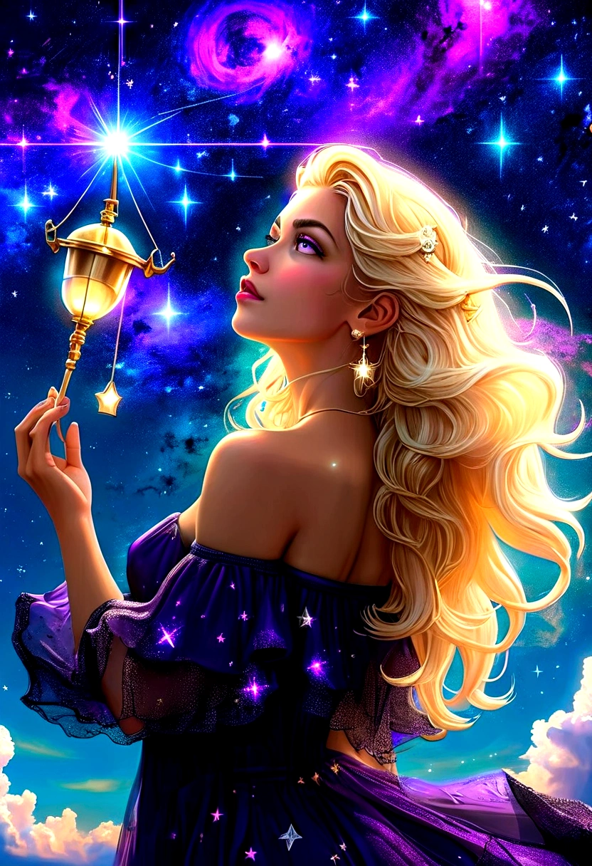 a portrait of an astrologer looking to the sky at libra constellation in the night sky, an extraordinary beautiful woman, there is magic in her eyes divining the future from the Libra constellation, blond hair, dynamic hair style, (best detailed face: 1.5), wearing an intricate dark purple dress decorated with glowing stars, she looks to the night sky seeing the ((Libra constellation in the sky: 1.5)), vibrant, Ultra-high resolution, High Contrast, (masterpiece:1.5), highest quality, Best aesthetics), best details, best quality, highres, 16k, [ultra detailed], masterpiece, best quality, (extremely detailed), Cinematic Hollywood Film, magical sky, FireMagicAI, dark novel