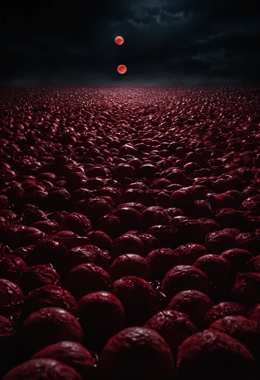 cinematic a dark landscape of a horror scene in a with a red moon in a sea of bodies, dark cinematic lighting, still from the movie saw, photorealistic movie still, film still from a horror movie, psychological horror movie still, promo sti