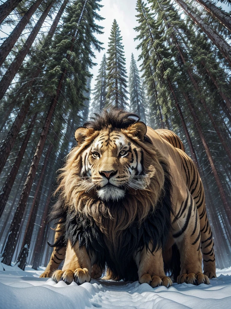 Ligre(hybrid of a lion and a female tiger). stomach 1.70 meters high. And 4 meters long. Coming out of a pine forest with dark sky and snow falling. And a 1 old female tiger.50 meters high and 2.8 meters long. And a 1 year male lion.60 tall and 2.9 meters long.