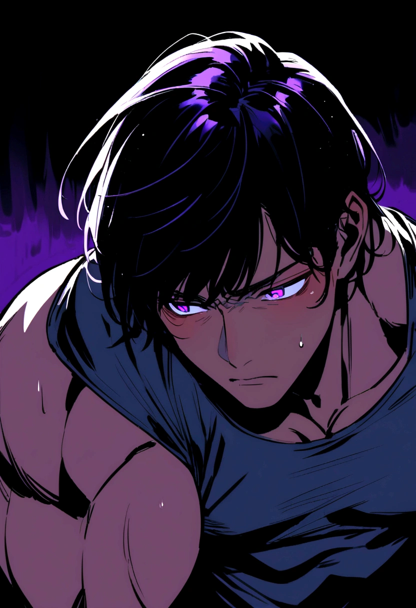 Dark-skinned man, violet eyes, short straight black hair, muscular, with a shy expression on his face.