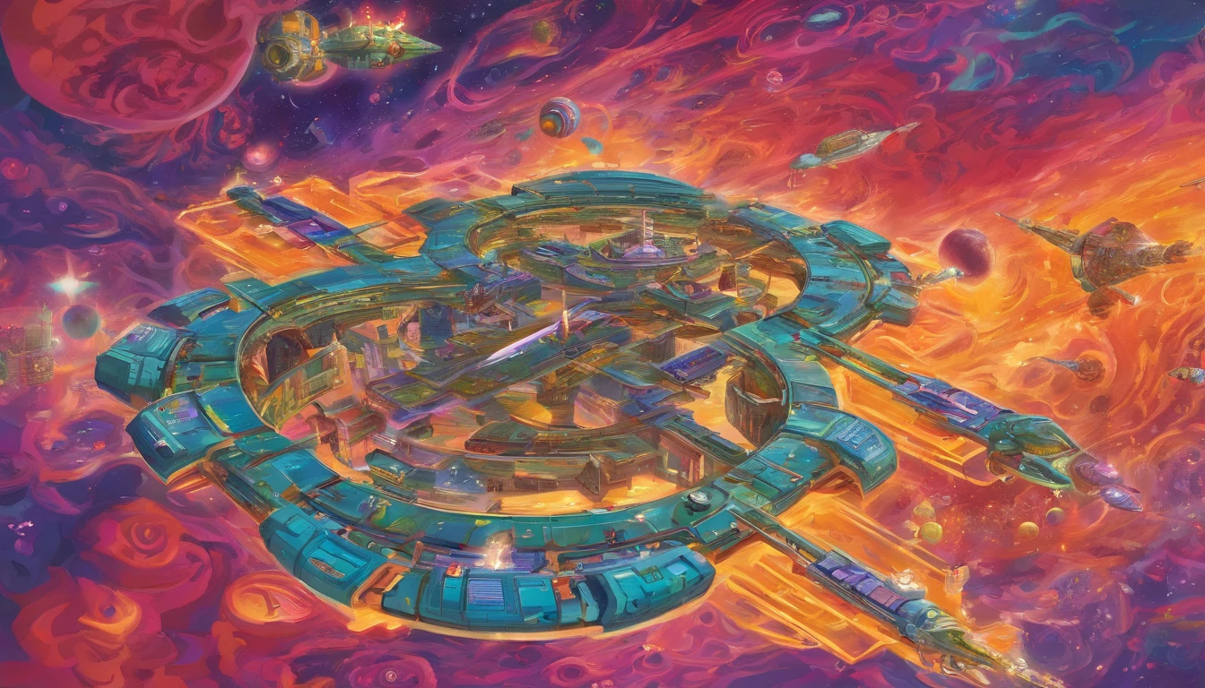 (((The space station is massively bigger than Babylon 5, but in the shape of Deep Space 9))). (((The space station has 6 O'Neal Class space stations off in 5 directions, & 1 down the middle))).There are hundreds of starships going to & fro, from the station, at any hour of the day. This station is a nod, to J. Michael Strazynski, H.G. Wells, Stanley Kubrick, & Benjamin Franklin, Jules Verne.