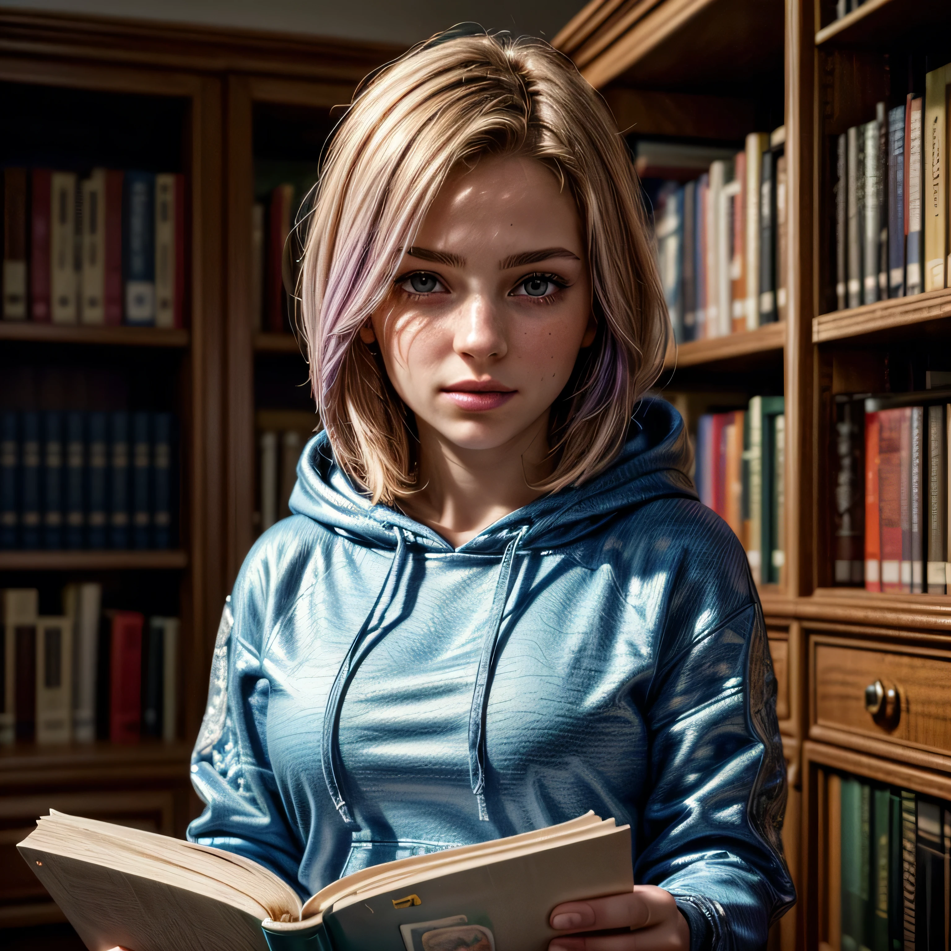 (masterpiece, photorealistic:1.4, extremely intricate:1.3), (photon mapping, radiosity, physically based rendering, ultra resolution, hyper-realistic, 8K), teenage girl [blonde hair:purple hair tips:0.5] wearing a blue hooded sweatshirt, looking away, portrait, closeup, sitting in the library reading a book, [skin detail:freckles:0.8]
