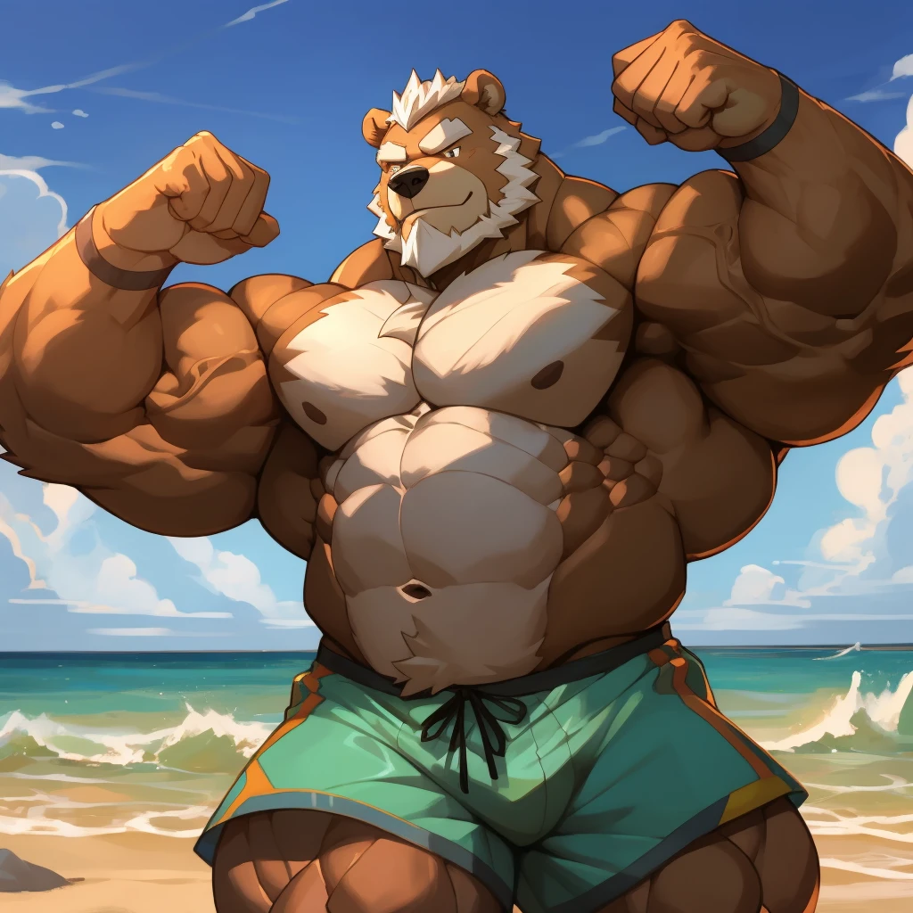 Solo, 1boy, a huge muscular furry Grizzly bear old man flexing at the beach, huge shoulder muscle, shirtless, muscle, strong man, strong bear, huge muscle, short hair, bearded, white hair and beard, massive body, black swimming trunks, thick brown fur, wrinkles skinned, strong muscle, strong and brave, masterpiece, massive muscular, five fingers, correct anatomy, commission for high res, male, good art, very very beautiful art, art painting , painting art,