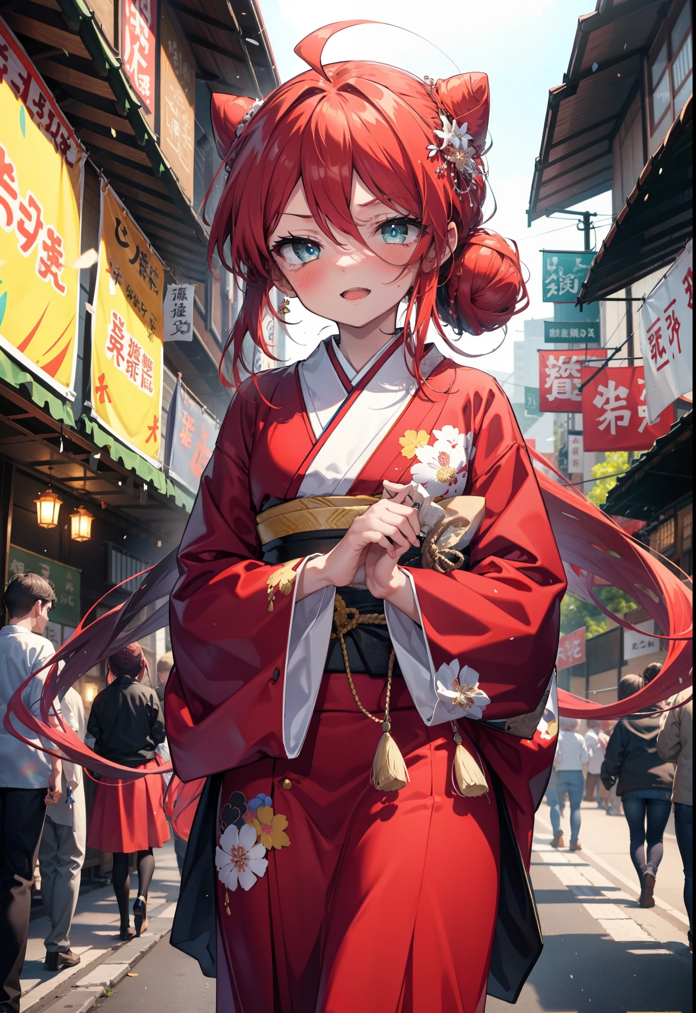 Shana,灼眼のShana,Long Hair, Red hair,Red eyes,Ahoge,smile,blush,Open your mouth,Hair Bun, single Hair Bun,blush,Red Kimono,Thick sleeves,Red long skirt,日本のfestival,夏festivalの屋台,Red lantern,night,So that the whole body goes into the illustration,Walking, break looking at viewer, Upper Body (Cowboy Shot:1. 5), break outdoors, shrine,festival, break (masterpiece:1.2), Highest quality, High resolution, unity 8k wallpaper, (shape:0.8), (Beautiful and beautiful eyes:1.6), Highly detailed face, Perfect lighting, Highly detailed CG, (Perfect hands, Perfect Anatomy),