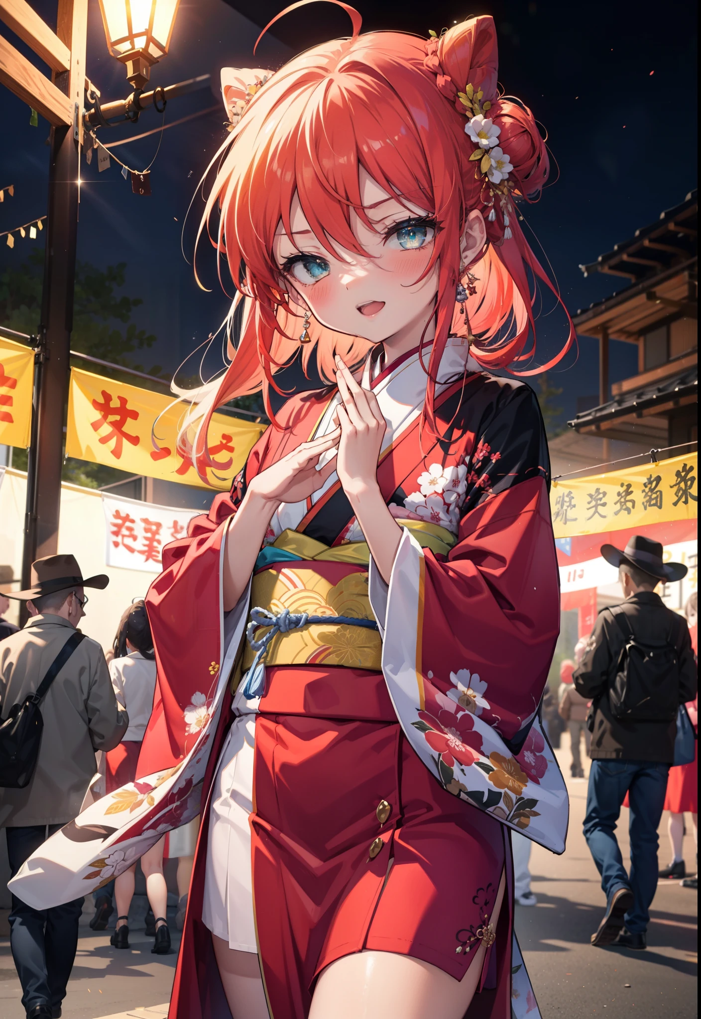 Shana,灼眼のShana,Long Hair, Red hair,Red eyes,Ahoge,smile,blush,Open your mouth,Hair Bun, single Hair Bun,blush,Red Kimono,Thick sleeves,Red long skirt,日本のfestival,夏festivalの屋台,Red lantern,night,So that the whole body goes into the illustration,Walking, break looking at viewer, Upper Body (Cowboy Shot:1. 5), break outdoors, shrine,festival, break (masterpiece:1.2), Highest quality, High resolution, unity 8k wallpaper, (shape:0.8), (Beautiful and beautiful eyes:1.6), Highly detailed face, Perfect lighting, Highly detailed CG, (Perfect hands, Perfect Anatomy),