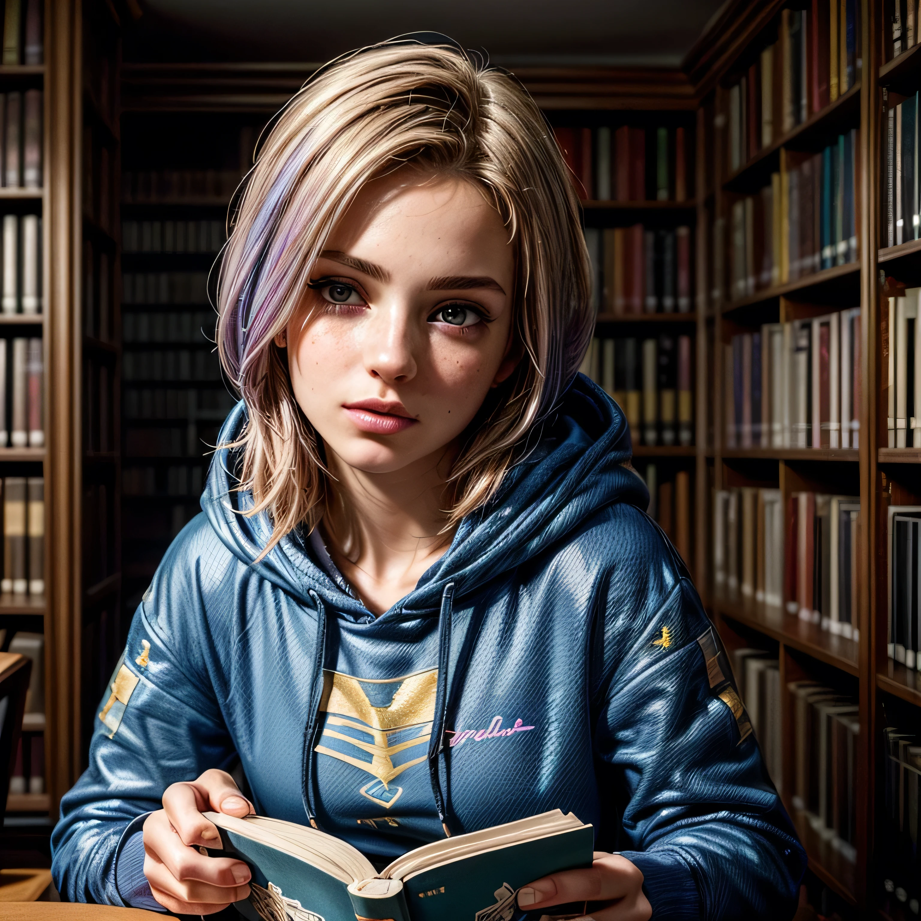 (masterpiece, photorealistic:1.4, extremely intricate:1.3), (photon mapping, radiosity, physically based rendering, ultra resolution, hyper-realistic, 8K), teenage girl [blonde hair:purple hair tips:0.5] wearing a blue hooded sweatshirt, looking away, portrait, closeup, sitting in the library reading a book, [skin detail:freckles:0.8]