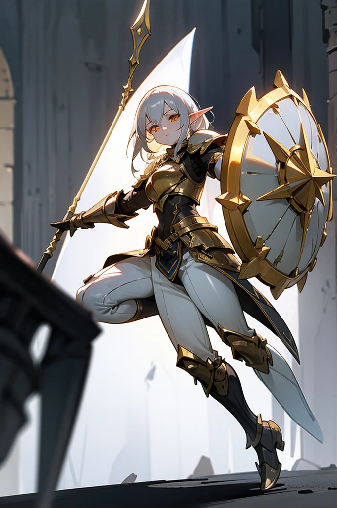 1 woman , elf, white skin, silver hair, glowing golden eyes, muscule body, full body armor, full body, dungeon background, closed body by armor, hold a spear and shield