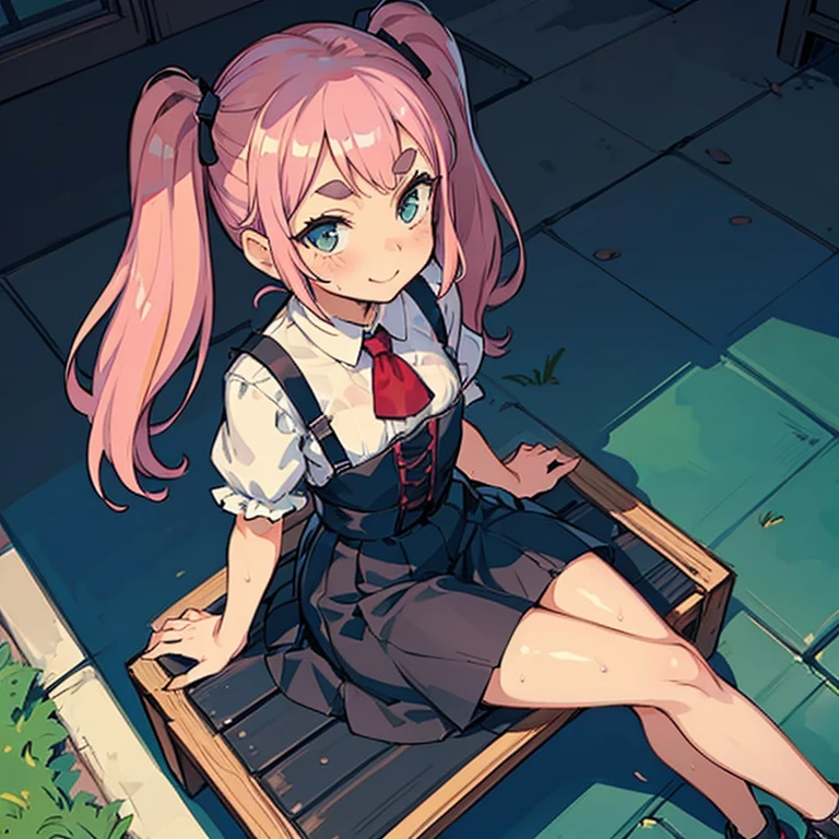 Girl with pink hair, long twintail hairstyle, ((small bushy eyebrows)), wearing gothic ta clothing, loli, walking to school, flirty smile,, bored look, bored face,, (sitting with legs open lifting her skirt to show her vagina wet with semen), sitting missionary sex , male pov, looking from above view
