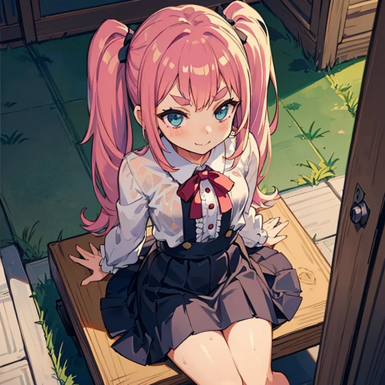 Girl with pink hair, long twintail hairstyle, ((small bushy eyebrows)), wearing gothic lolita clothing, lolicon , walking to school, flirty smile,, bored look, bored face,, (sitting with legs open lifting her skirt to show her vagina wet with semen), sitting missionary sex , male pov, looking from above view