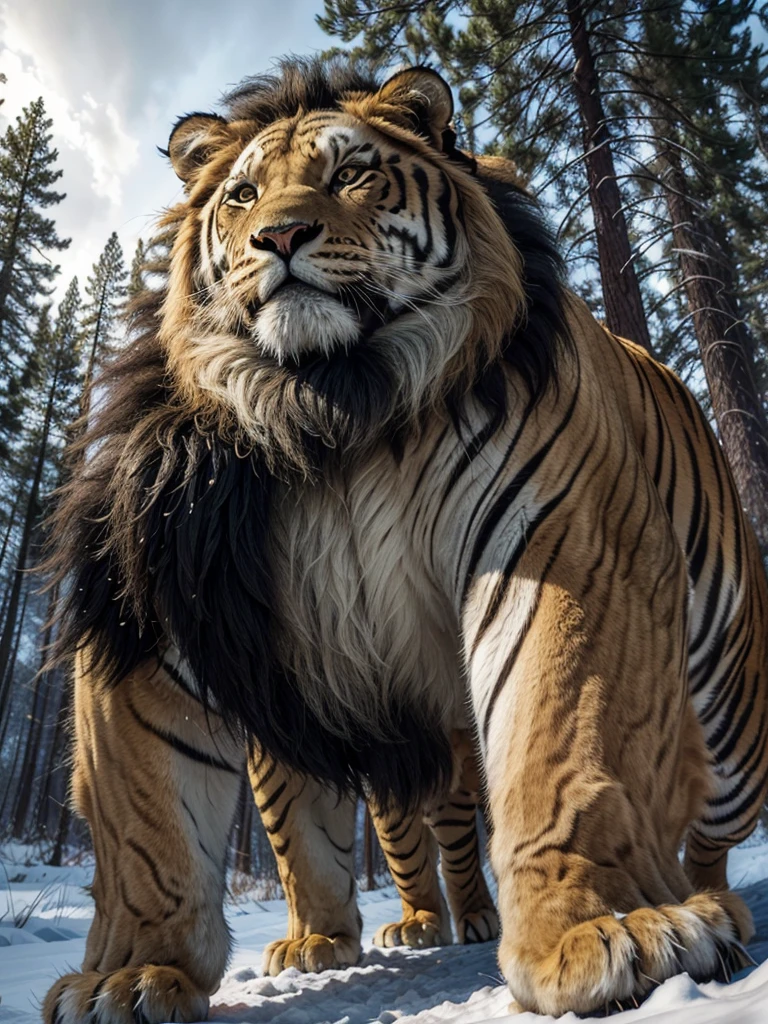 Ligre(hybrid of a lion and a female tiger). stomach 1.70 meters high. And 3 meters long. Coming out of a pine forest with dark sky and snow falling. And a 1 year old female tiger.50 meters high and 2.8 meters long. And a 1 year old male lion.60 tall and 2.9 meters long.
