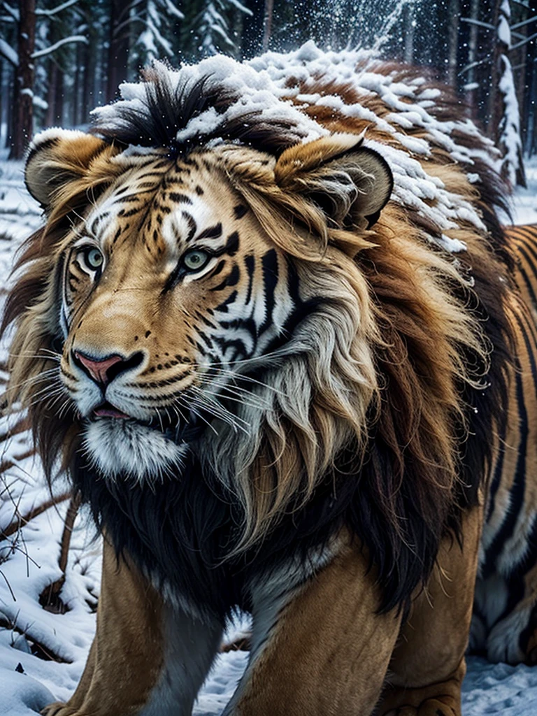 Ligre(hybrid of a lion and a female tiger). stomach 1.70 meters high. And 3 meters long. Coming out of a pine forest with dark sky and snow falling. And a 1  old female tiger.50 meters high and 2.8 meters long. And a 1 year male lion.60 tall and 2.9 meters long.