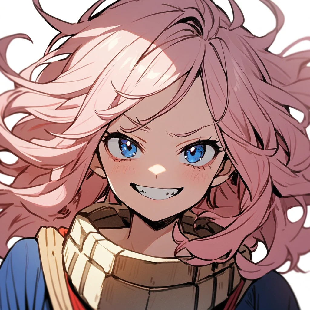 1 girl in the style of Boku no Hero, long wavy hair, light pink hair, hair with blue tips, light blue eyes, Grinning,tilted face, White background