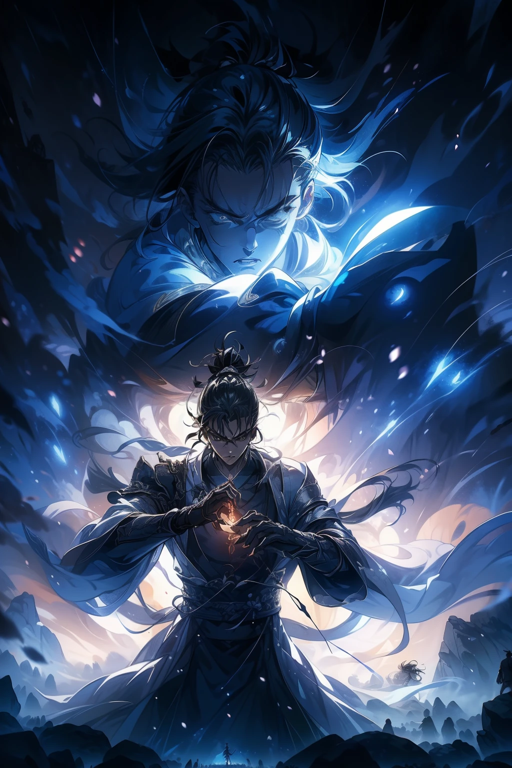 (masterpiece, best quality, 2characters, fierce battle, Yasuo and Yone, night, forest, high contrast, atmospheric perspective, depth of field, shadows, moonlight, glowing swords, Yasuo with wild hair, Yone with bun and cherry blossom ornament, detailed textures, dynamic poses, battle cry, battle damage, leaves falling, focused on the clash, background blur, medium: digital painting, dark palette, dramatic lighting, intense emotions, intense expression, serious, suspenseful, the struggle for survival)