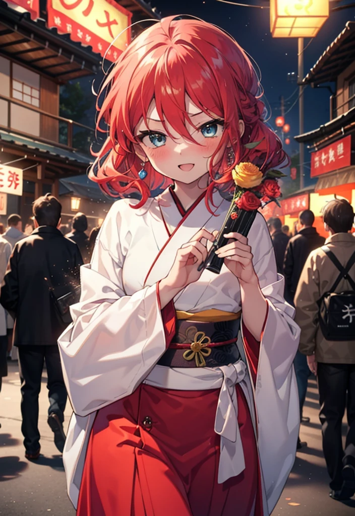 Shana,灼眼のShana,Long Hair, Red hair,Red eyes,Ahoge,smile,blush,Open your mouth,hair tied back,blush,Red Kimono,Thick sleeves,Red long skirt,日本のfestival,夏festivalの屋台,Red lantern,night,So that the whole body goes into the illustration,Walking,　　　　　　　　　　　  break looking at viewer, Upper Body (Cowboy Shot:1. 5),  　　　　　　　　　　　　　　　　　　break outdoors, shrine,festival, 　　　　　　　　　　　　　break (masterpiece:1.2), Highest quality, High resolution, unity 8k wallpaper, (shape:0.8), (Beautiful and beautiful eyes:1.6), Highly detailed face, Perfect lighting, Highly detailed CG, (Perfect hands, Perfect Anatomy),