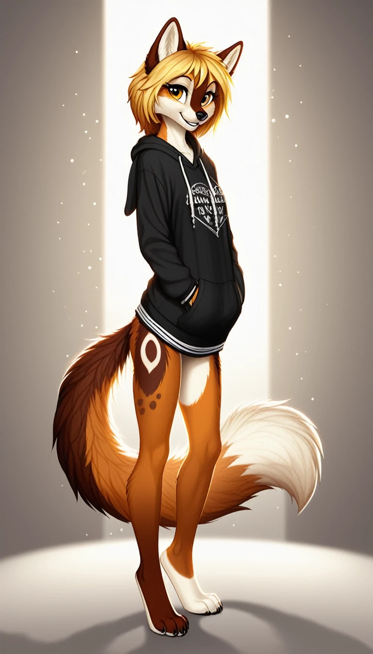 a cute white anthro ermine, wearing a stylish black sweatshirt without a hood, smiling, posing for a photo, detailed facial features, hyper detailed, 8k, highly detailed fur, intricate texture, soft lighting, warm color tones, award winning digital art, full body view