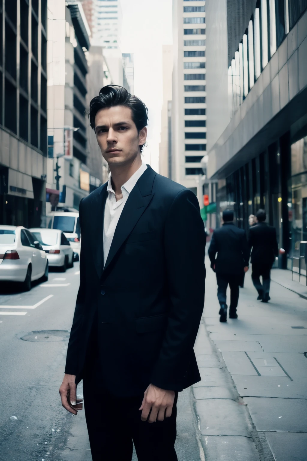 (Cinematic aesthetics:1.4) Photo of a handsome man, blue-eyed, tez blanca, thin but well structured face, dark bluish hair, with a suit in the middle of the city.