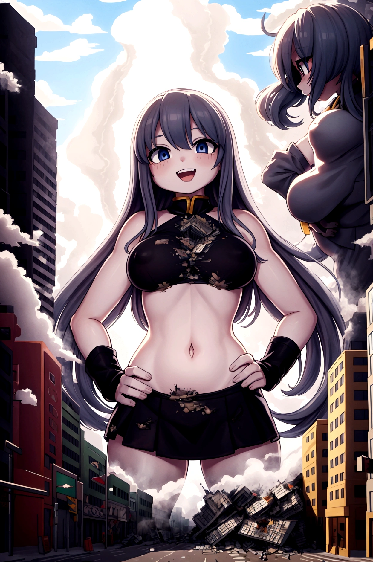 masterpiece、Highest quality、Giantessのイラスト、Giant Spaceman、Giant aliens、smile、Open mouth and show teeth、beautiful身体、simple、beautiful、Anime illustration、Draw a woman in a big way、Completely naked、Large Breasts、Giantess、Hall々Stand with、Hands on hips、giantess、Black Hair、Long Hair、Low - Angle、Destroyed small town、Destroyed small building district、City in Ruins、Smoke is rising、The fugitive々、Destructive illustration of a small city with buildings visible in the distance