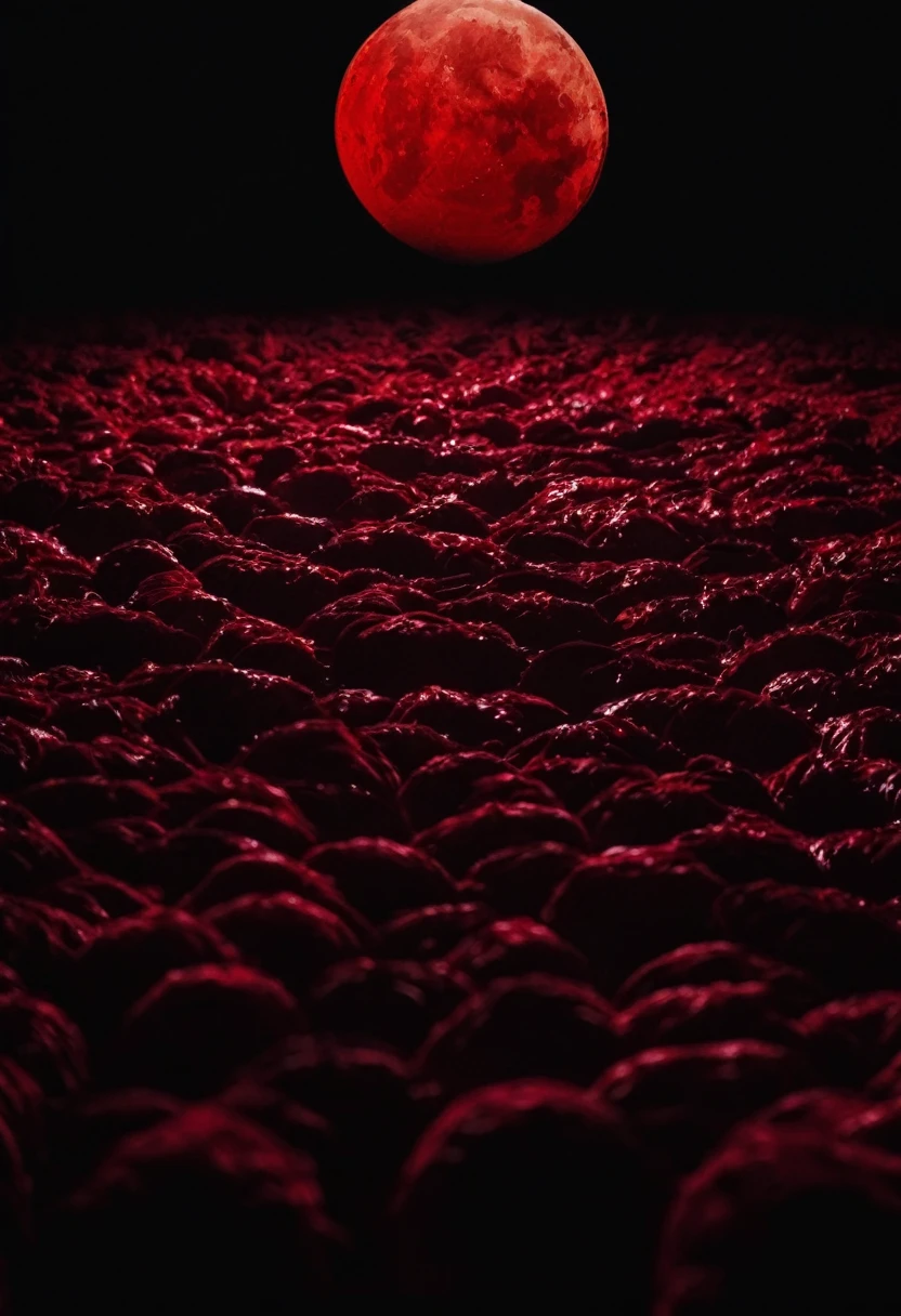 cinematic A moon of blood and a sea of ​​bodies, dark cinematic lighting red, still from the movie saw, photorealistic movie still, film still from a horror movie, psychological horror movie still, promo sti