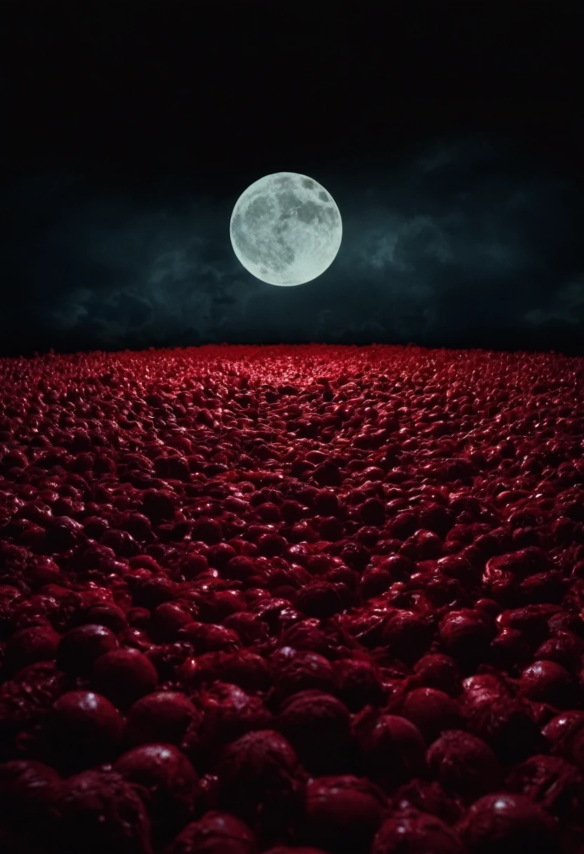 cinematic A moon of blood and a sea of bodies, dark cinematic lighting red, still from the movie saw, photorealistic movie still, film still from a horror movie, psychological horror movie still, promo sti