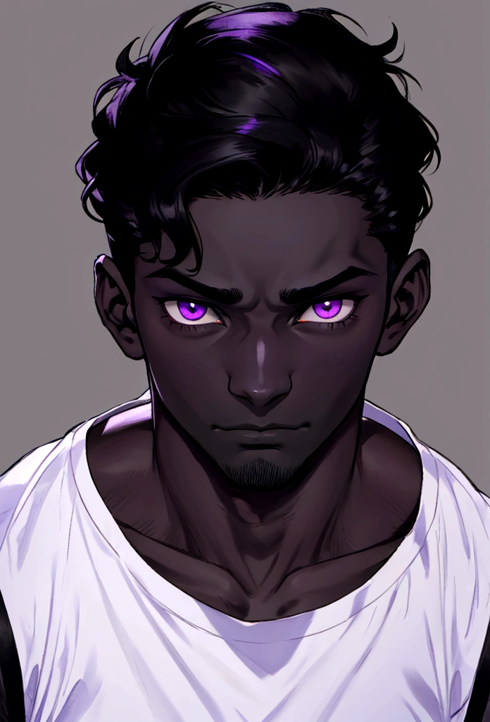 Dark-skinned man, violet eyes, short straight black hair, muscular, with a shy expression on his face.