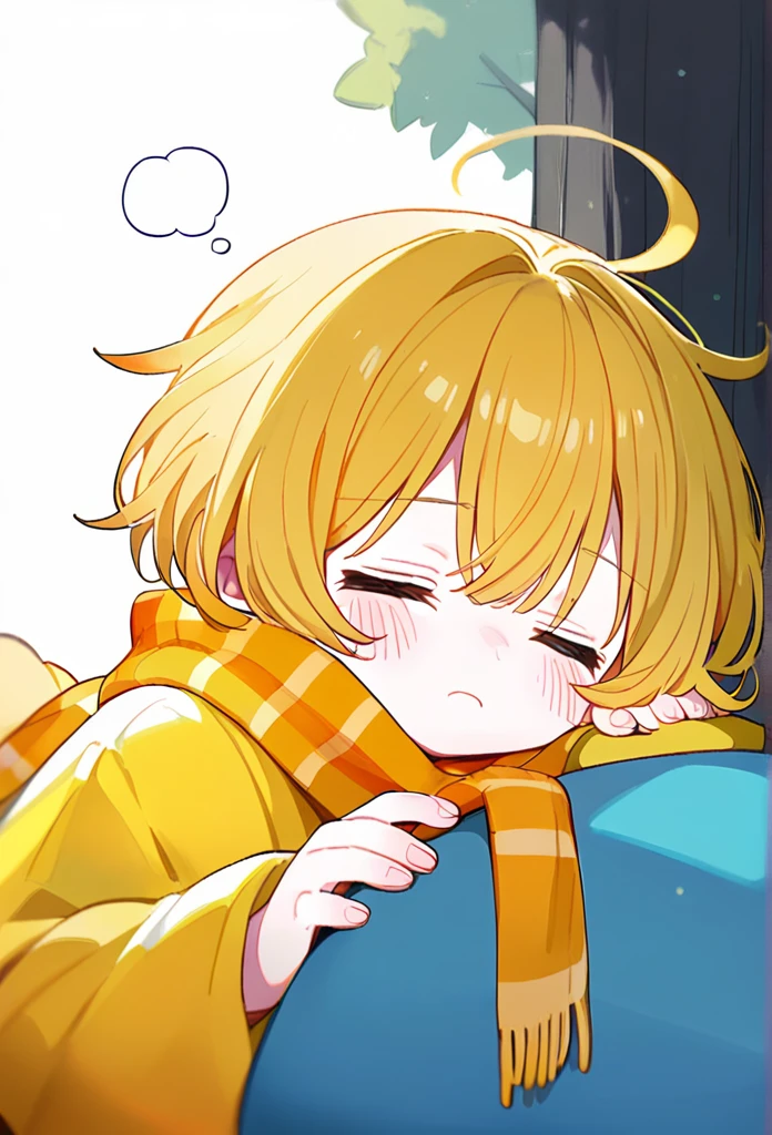 masterpiece, best quality, upper body, score_9,cute boy,kawaii boy,short yellow hair,eyes closed,yellow,orange scarf,sleepy.outside,orange scarf,big oversized yellow jacket,cute,small,short fluffy yellow hair,eyes closed,sleepy bubbles,white background,laying on stomach