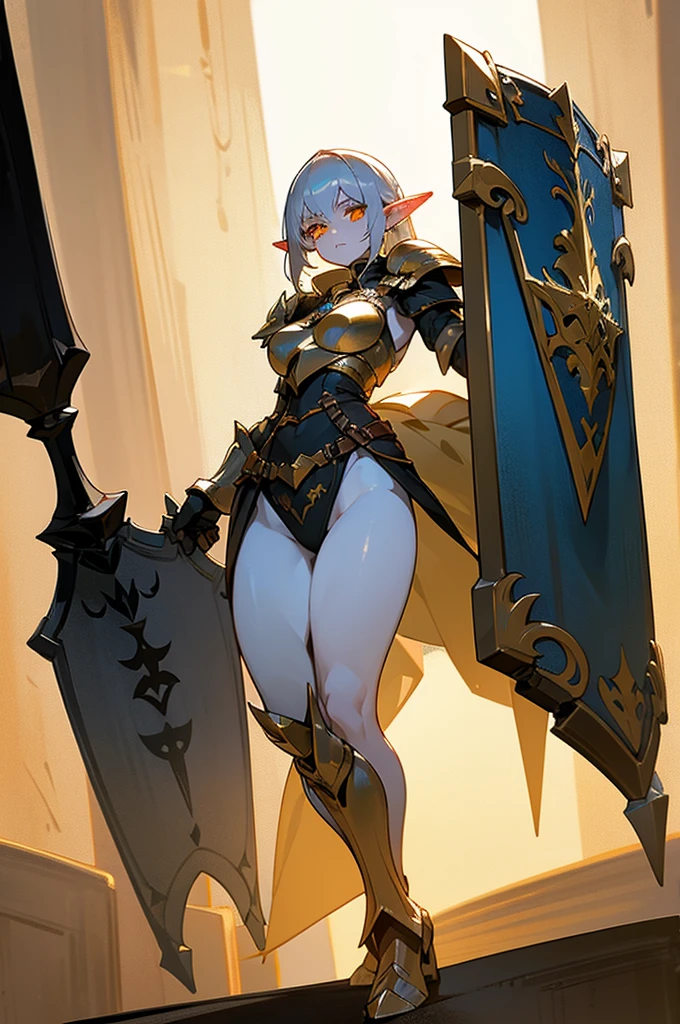 1 woman , elf, white skin, silver hair, glowing golden eyes, muscule body, full body armor, full body, dungeon background, closed body by armor, hold a spear and shield