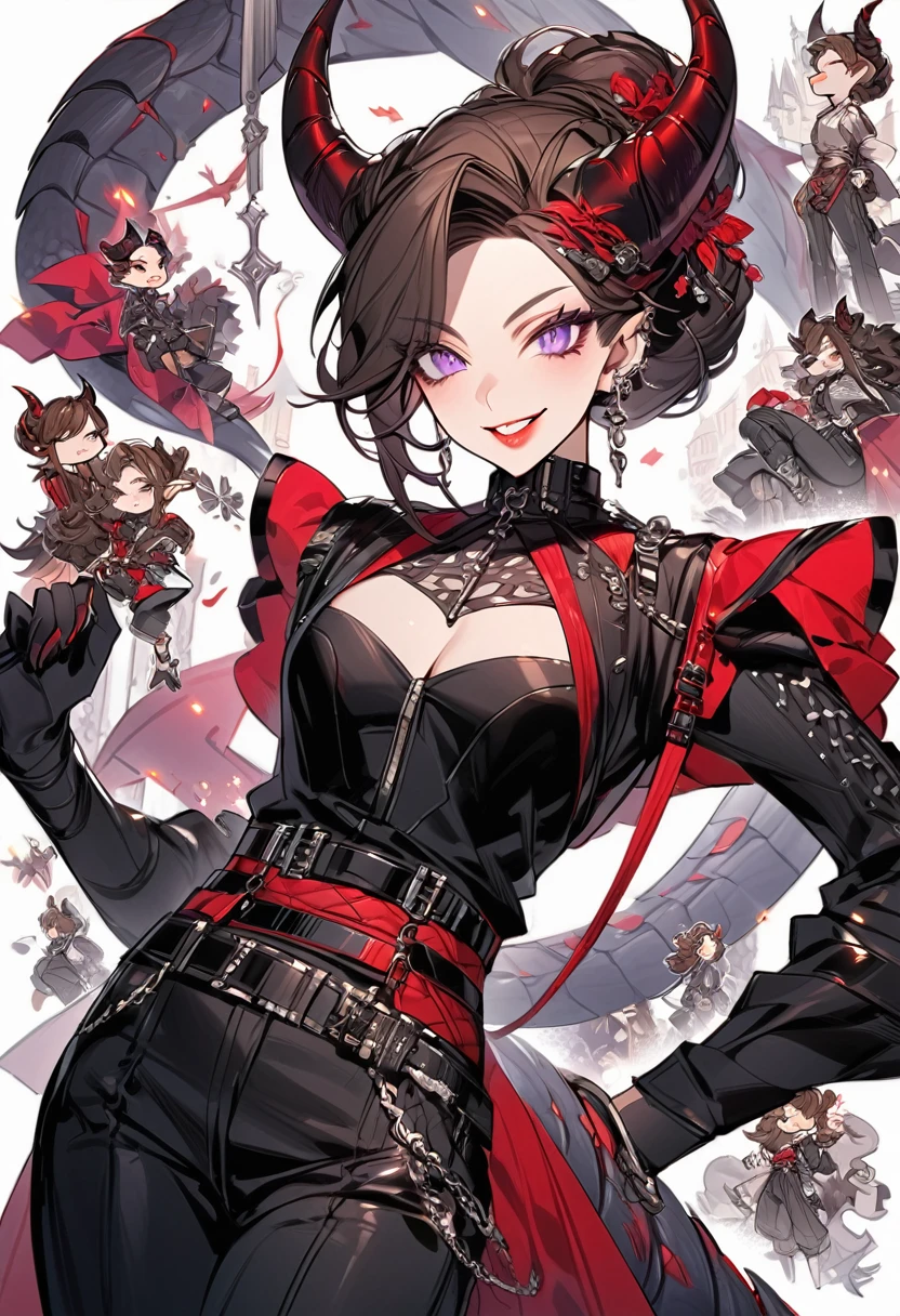 Tall woman, cheeky mad smile, brunette, hair gathered in a low bun, red and black clothes with open chest, purple eyes, dragon tail and horns, belts, pants, many details, light lipstick