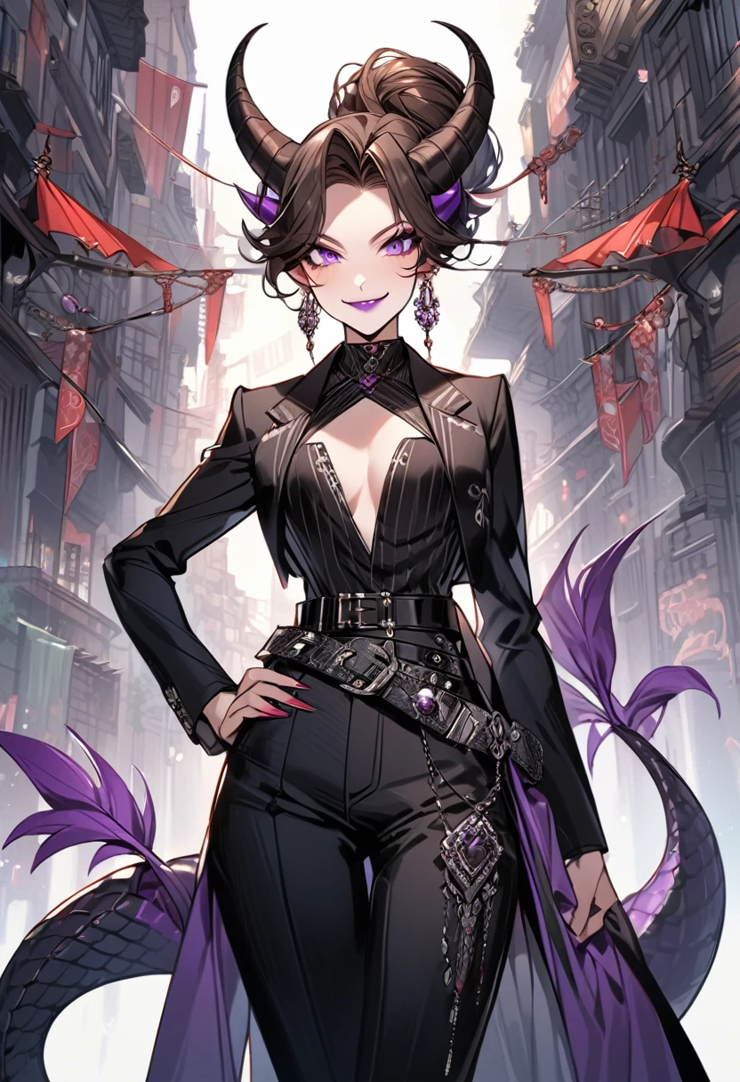 Tall woman, cheeky mad smile, brunette, hair gathered in a low bun, red and black clothes with open chest, purple eyes, dragon tail and horns, belts, pants, many details, light lipstick