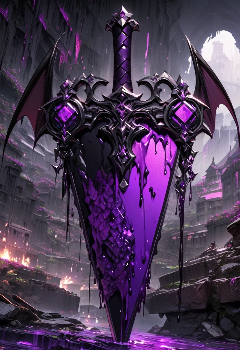 an extremely detailed 4k picture of a small dagger with a blade in the shape of a bat wing made of purple steel dripping poison