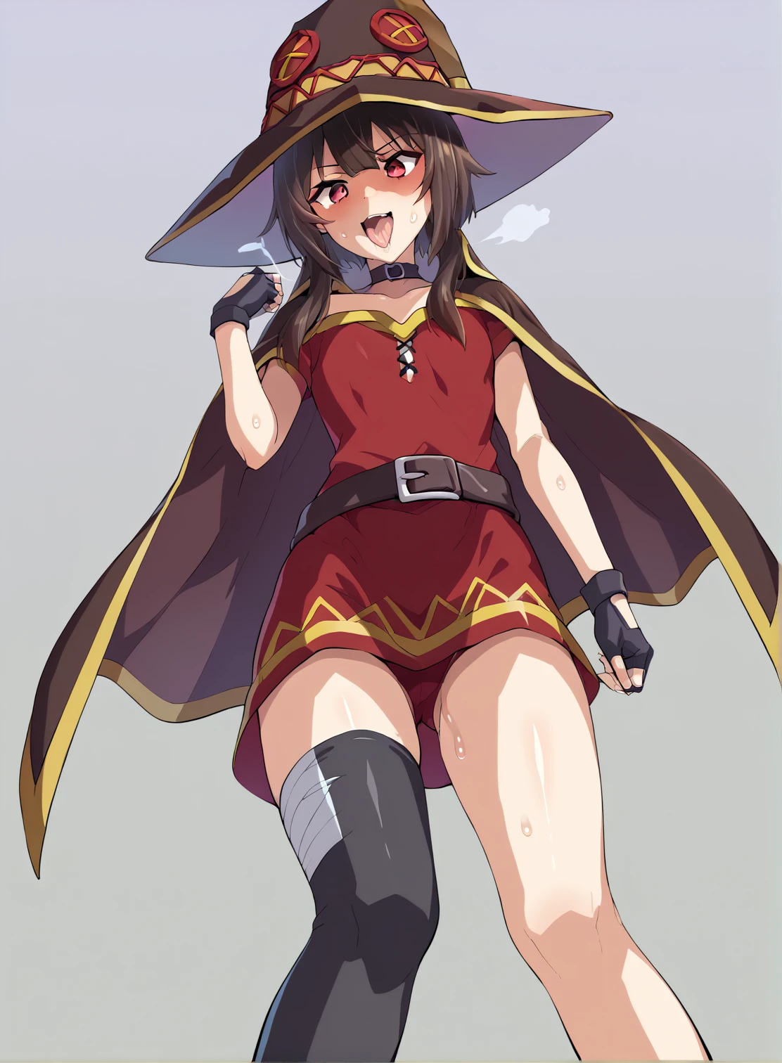 Megumin, short hair, black hair, red eyes, side locks, long locks、ahegao、smile、Ultra-detailed illustrations、Ultra-precise expression、masterpiece、Highest quality、ultra High resolution、High resolution、Hiromitsu Takeda Style、White background、Simple Background、whole body、One girl、solo、White Breath、Sweat、Glowing Skin、shiny skin、Front angle、View your viewers、stand、(thighhighs, gloves, hat,red dress, black gloves, belt, black thighhighs, fingerless gloves, cape, collar, witch hat, bandages, red dress, single thighhigh, asymmetrical legwear, bandaged leg)