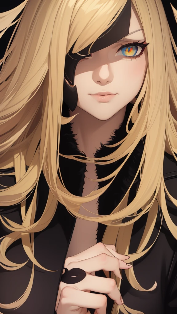 ((masterpiece)), ((best quality)), 1girl, adult, long hair, ((blonde hair)), blonde hair, ((intimidant look)), ((close-up)), green eyes, black and red clothes, sexy, dark colors, brillant eyes, ((coat with fur)), ((wavy hair)), perfect hands, ((sexy pose)), ((intimidant look)), good anatomy, ((dark sage clothes)), ((straight cut bangs)), emotionless, intimidant, ((beautiful eyes)), close up, ((detailed eyes)), beautiful eyes, ((detailed face)), hair bang, frontal look, abs, smile, detailed face, eyepatch, full body