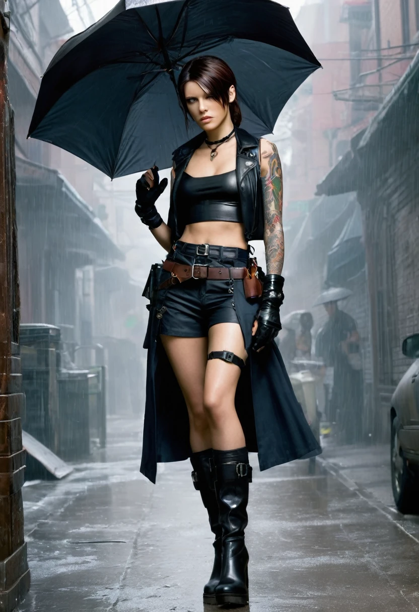 create a resident evil woman Height: 1.72 m Build: Thin and Toned Hair: long and straight, jet black, frequently loose.
Eyes: deep blues, with an enigmatic glow.
tattoos: A series of tribal tattoos on his lower back and a small Umbrella symbol on his left wrist, frequently covered with a leather bracelet.
outfit: Veronica dresses provocatively, with a black leather thong, high boots with heels, and a crop top that leaves her abdomen exposed. Often carries a utility belt with multiple compartments for weapons and tools. His outfit also includes fingerless gloves and a short leather jacket that he sometimes uses to cover himself..