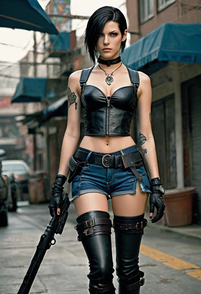 create a resident evil woman Height: 1.72 m Build: Thin and Toned Hair: long and straight, jet black, frequently loose.
Eyes: deep blues, with an enigmatic glow.
tattoos: A series of tribal tattoos on his lower back and a small Umbrella symbol on his left wrist, frequently covered with a leather bracelet.
outfit: Veronica dresses provocatively, with a black leather thong, high boots with heels, and a crop top that leaves her abdomen exposed. Often carries a utility belt with multiple compartments for weapons and tools. His outfit also includes fingerless gloves and a short leather jacket that he sometimes uses to cover himself..