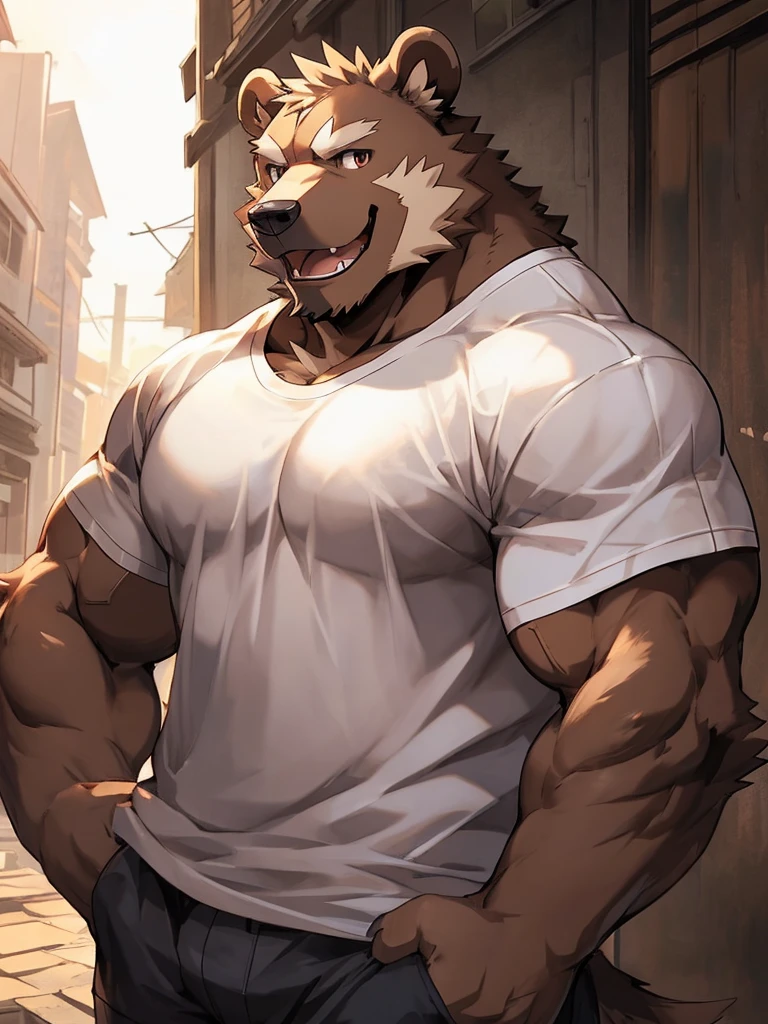 (2d cel anime:1.5),half body shot,looking at viewer, (best quality:1.3), (masterpiece:1.3), (ultra detailed:1.5),(detailed eyes),sharp focus,japanese anime,manga,(droopy eyes),(anthro male:1.3),(Grizzly Bear:1.2),smile,open mouth,huge muscular,(beefy:1.2),(big fellow),tall,(wide shoulder width),((cool T-shirt)),large thigh,(by null-ghost:0.9),by lindong