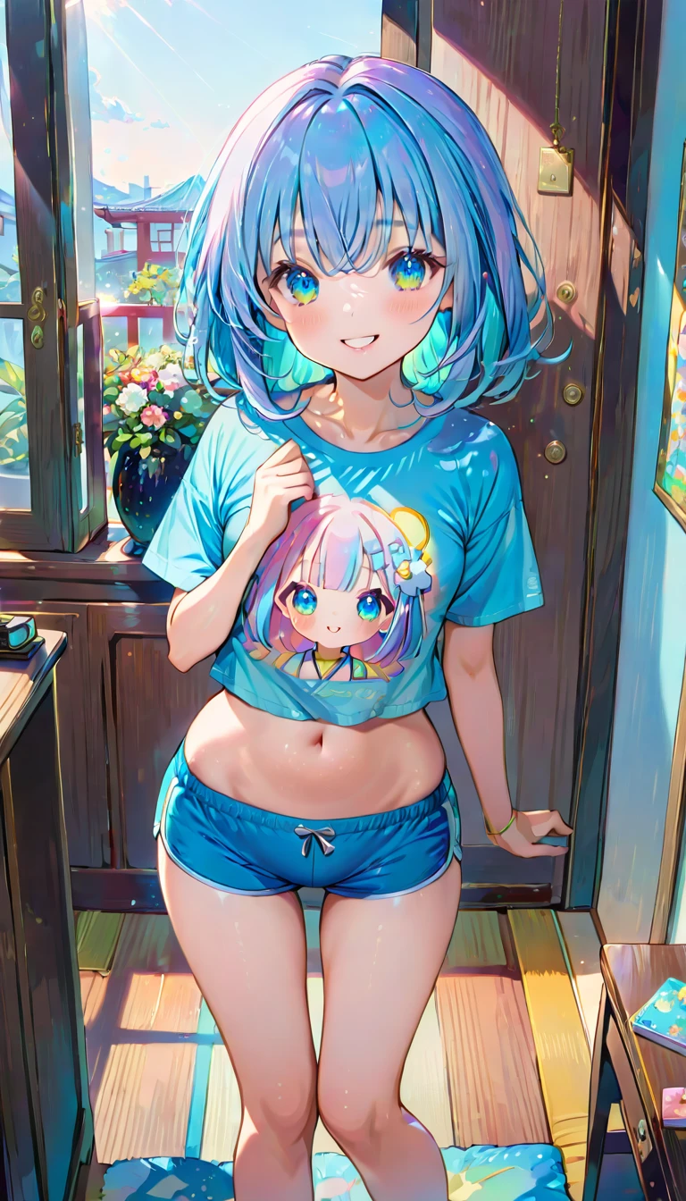 masterpiece, best quality, extremely detailed, (illustration, official art:1.1), 1 girl ,(((( light blue long hair)))), ,(((( light blue long hair)))),light blue hair, , long hair ((blush)) , cute face, big eyes, masterpiece, best quality,(((((a very delicate and beautiful girl))))),Amazing,beautiful detailed eyes,blunt bangs((((little delicate girl)))),tareme(true beautiful:1.2), sense of depth,dynamic angle,,,, affectionate smile, (true beautiful:1.2),,(tiny 1girl model:1.2),)(flat chest),、1girl,Japanese model girl,short hair,bangs,cute girl,flat chest,
BREAK
(pretty older sister:1.2),
(cute and pop atmosphere Intimate and private snapshots:1.3),charming composition photo,
(printed t-shirt:1.3),(tight-fit very_small boxer-shorts:1.2),
in her room,window,(cute girly colorful furniture1.2),
BREAK
fun feeling,cute feeling,
(dynamic pose:1.3),dynamic angle,
(talking to viewer:1.3),(standing:1.1),relaxed,
charming happy facial expression,(eyes shining:1.1),lively smile,
BREAK
(absurdres:1.3),,(detailed face and skin:1.3),(ultra high res:1.5),,,best quality,symmetric clear eyes,well-groomed face,(ray tracing:1.3),natural smooth moist facial skin