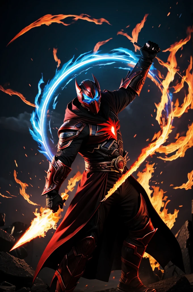 Create a flying godlike evil character with black mask with red lightning and blue fire on the body, which he also shoots