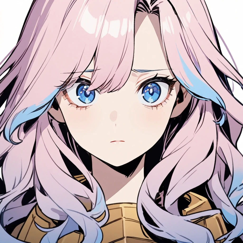 1 girl in the style of Boku no Hero, long wavy hair, light pink hair, hair with blue tips, light blue eyes,tilted face,black leagwear,White background