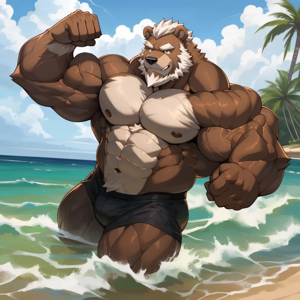 Solo, 1boy, a huge muscular furry Grizzly bear old man flexing at the beach, huge shoulder muscle, shirtless, muscle, strong man, strong bear, huge muscle, short hair, bearded, white hair and beard, massive body, black swim trunks, thick brown fur, wrinkles skinned, strong muscle, strong and brave, masterpiece, massive muscular, five fingers, correct anatomy, commission for high res, male, good art, very very beautiful art, art painting , painting art, 