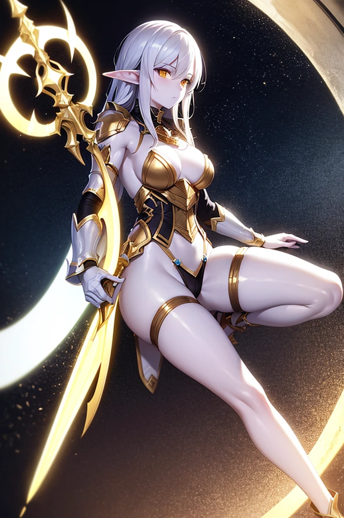 1 woman , elf, white skin, silver hair, glowing golden eyes, muscule body, full body armor, full body, dungeon background, closed body by armor, hold a spear and shield