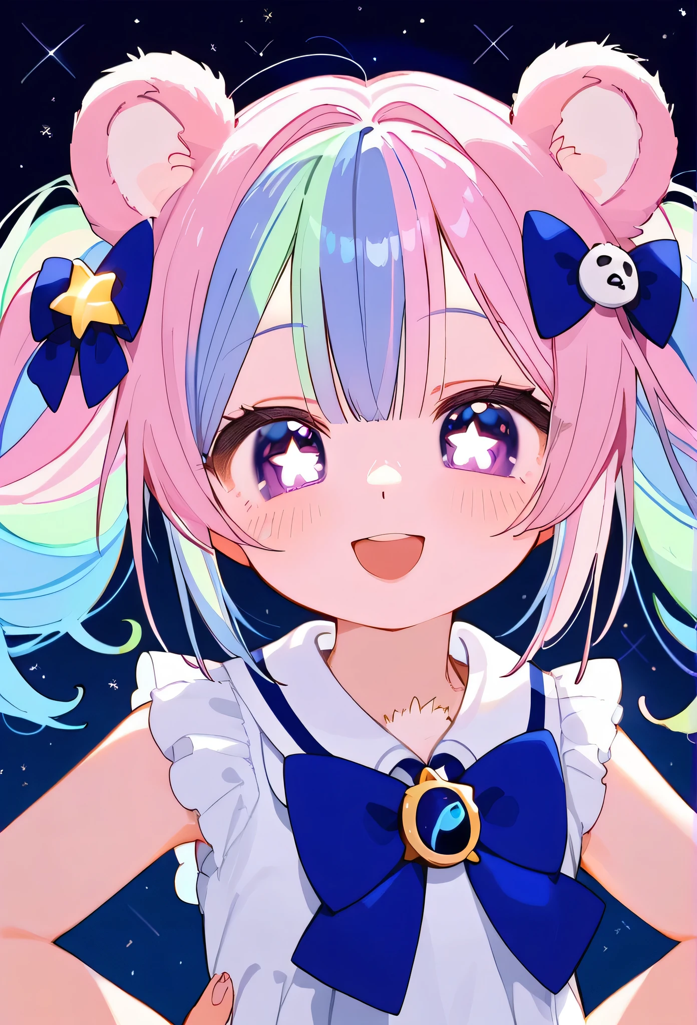 masterpiece, best quality, upper body, score_9,pastel multicolor hair, purple eyes, tiny bear ears, bear ears,pastel rainbow hair, star shaped eyes, proud smile, cute,1girl, hands on hips pose,blue bow on neck,space buns,star shaped eyes, blue bow on neck,fluffy pink skirt,bear ears, star hairties, purple eyes,close-up,dressy kawaii top,close up