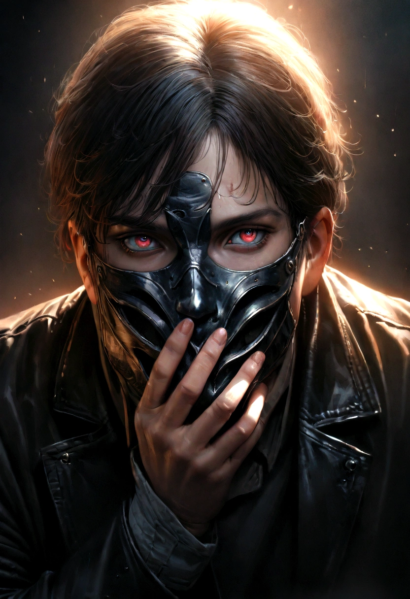 a boy with a mask covering his entire face, wearing a black jacket, detailed face, beautiful detailed eyes, extremely detailed facial features, realistic, photorealistic, 8k, high quality, cinematic lighting, dramatic shadows, moody atmosphere, dark and gritty, masterpiece