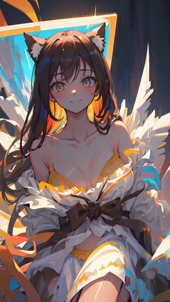 (high resolution, upper body, soft skin:1.2),(best illustration,masterpiece:1.2),ultra-detailed,[(cat ears , gray inside:1.2, brown cat eyes, rainbow long hair, large breast),vivid colors,sharp focus,portrait, beach lighting,bokeh, wearing a tan bikini, waterfront background, smiling, kneeling 