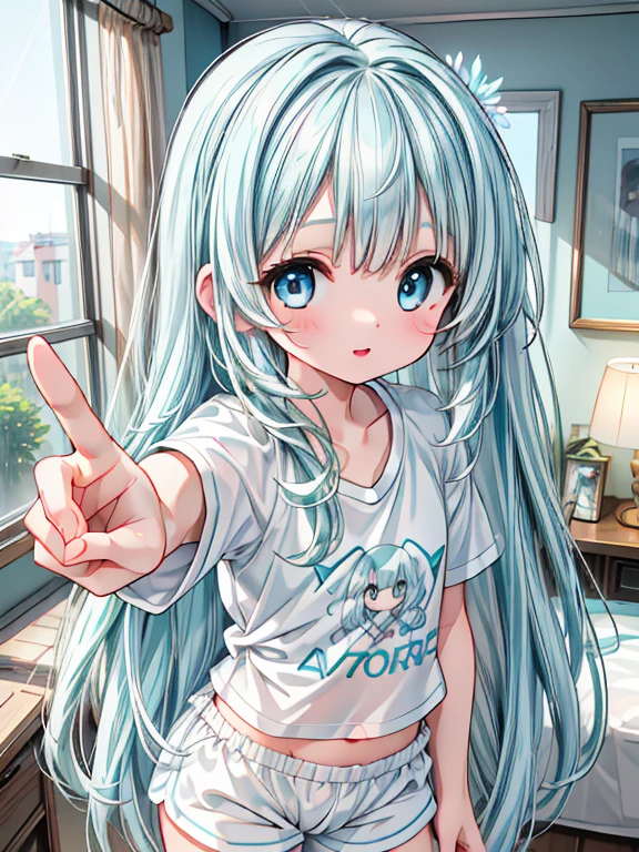 masterpiece, best quality, extremely detailed, (illustration, official art:1.1), 1 girl ,(((( light blue long hair)))), ,(((( light blue long hair)))),light blue hair, , long hair ((blush)) , cute face, big eyes, masterpiece, best quality,(((((a very delicate and beautiful girl))))),Amazing,beautiful detailed eyes,blunt bangs((((little delicate girl)))),tareme(true beautiful:1.2), sense of depth,dynamic angle,,,, affectionate smile, (true beautiful:1.2),,(tiny 1girl model:1.2),)(flat chest),、1girl,Japanese model girl,short hair,bangs,cute girl,flat chest,
BREAK
(pretty older sister:1.2),
(cute and pop atmosphere Intimate and private snapshots:1.3),charming composition photo,
(printed t-shirt:1.3),(tight-fit very_small boxer-shorts:1.2),
in her room,window,(cute girly colorful furniture1.2),
BREAK
fun feeling,cute feeling,
(dynamic pose:1.3),dynamic angle,
(talking to viewer:1.3),(standing:1.1),relaxed,
charming happy facial expression,(eyes shining:1.1),lively smile,
BREAK
(absurdres:1.3),,(detailed face and skin:1.3),(ultra high res:1.5),,,best quality,symmetric clear eyes,well-groomed face,(ray tracing:1.3),natural smooth moist facial skin
