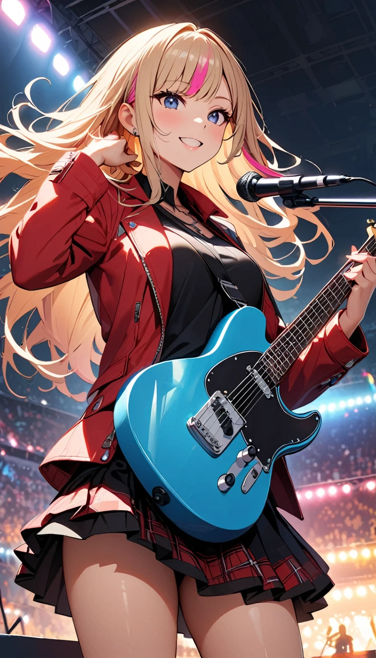 (highest quality:1.2, Very detailed, up to date, Vibrant, Ultra-high resolution, High Contrast, masterpiece:1.2, highest quality, Best aesthetics), Portraiture、girl、singer、stage、performance、Rock Music、Bright colors、Beautiful fine details、Beautiful lip detail、Long Hair、light brown and pink ((streaked hair)), highlights hair: 1.1, Music band、Cheerful pose、Concert Light、Edgy Style、red leather jacket、Dynamic Movement、hypnotic sounds、Stadium、amplifier、Loud music、Electric guitar、Fender tele-caster, Powerful vocals、Passionate performance、Sparkling stage、Concert atmosphere、Music Festival、Full of emotion、Rock star attitude、Resolute expression、Avid Fan、The presence of an attractive stage、 Expressive gestures、Rock star aura、An exciting atmosphere、Sing with all your heart、An unforgettable show。